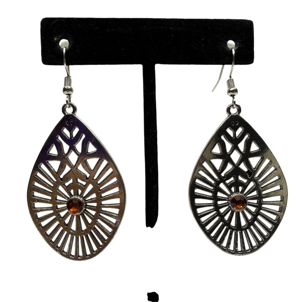 Silver Tone Teardrop Dangle Earrings with Amber Stone Filigree Fashion 2.5 in